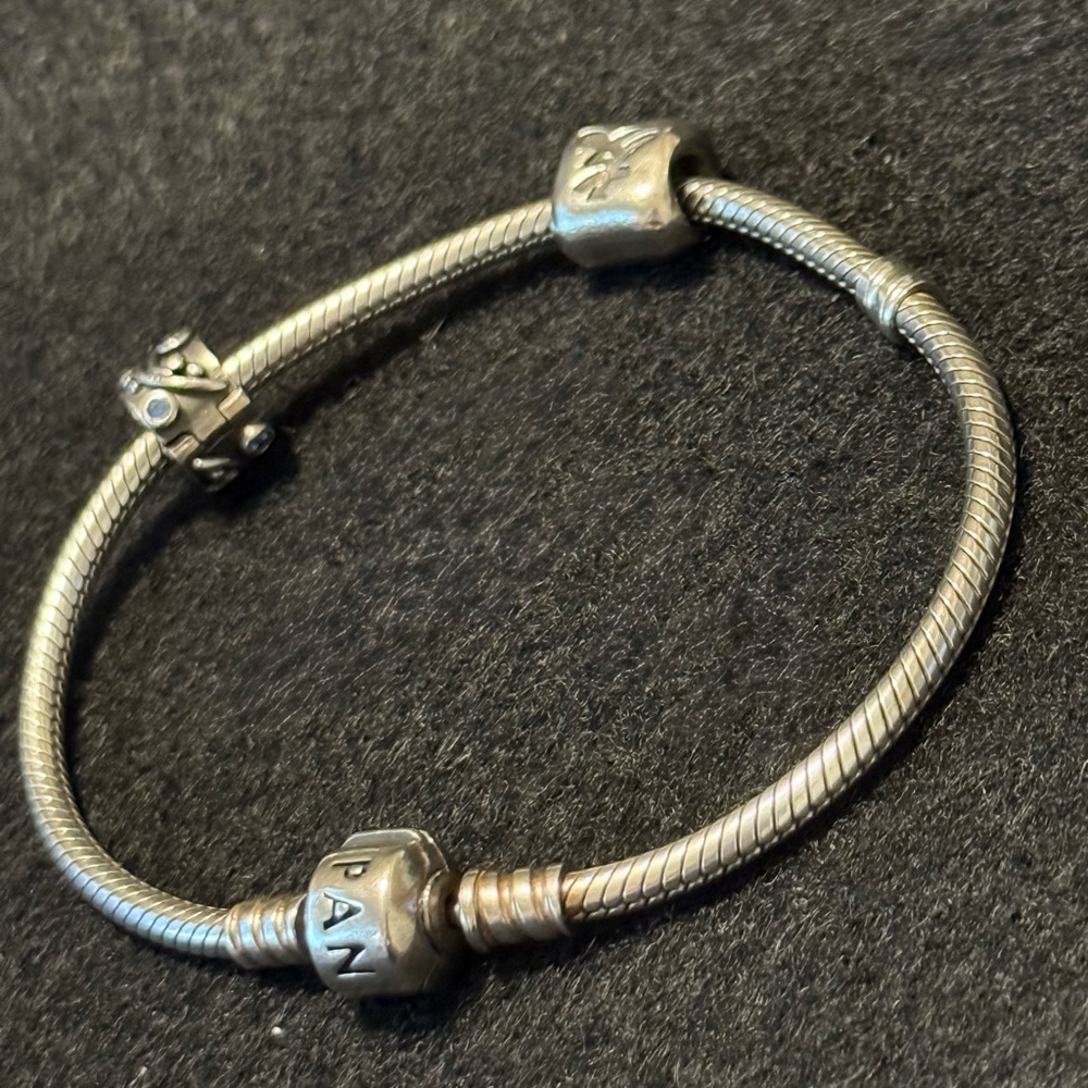 Pandora Silver Snake Chain Bracelet with Two Charms